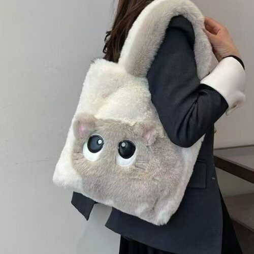 Autumn and winter casual furry women's bag creative cat cartoon embroidery tote bag handheld contrast stitching shoulder bag - Image 2