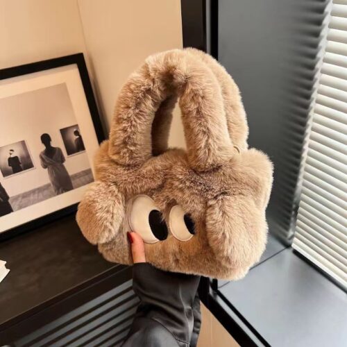 2024 hot women's hand-held one-shoulder tote small square bag big-eyed cartoon imitation rabbit plush fashion cute crossbody bag