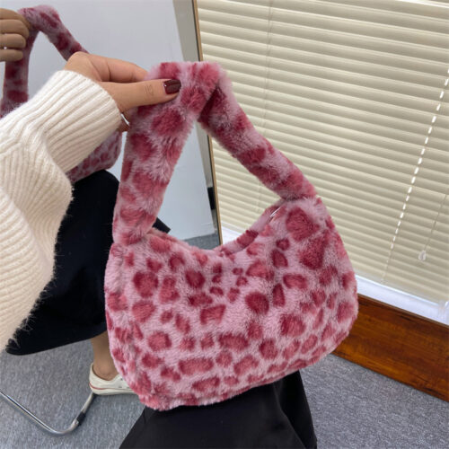 Leopard print plush fabric women's bag autumn and winter new fashion trend one shoulder underarm bag hand-held wool bag hand-carried bag - Image 4