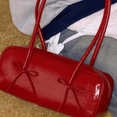 Niche design red boston bag women's fashion versatile bow one shoulder armpit bag baguette bag tote bag - Image 2