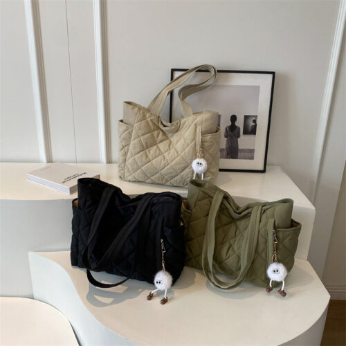 2024 New Large-Capacity Bag Female Lingge Canvas Bag Niche Versatile Commuter Tote Bag Shoulder Bag Cross-border