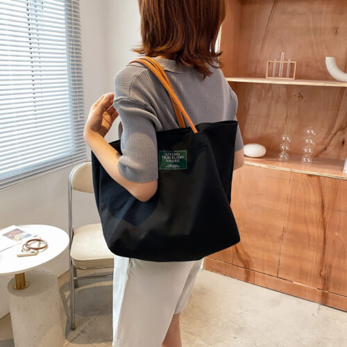 Simple street trend large capacity tote bag 2021 new solid color foreign canvas shoulder bag casual handbag - Image 3