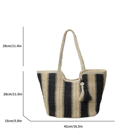 New Fashion Vertical Stripe One Shoulder Straw Bag Hand-Woven Bag Casual Women's Bag Beach Bag Women - Image 5