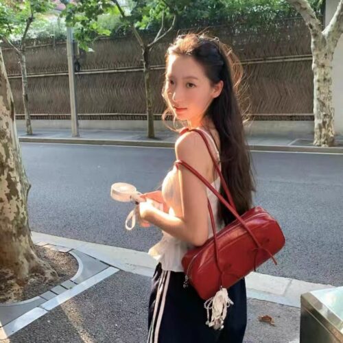 Niche design red boston bag women's fashion versatile bow one shoulder armpit bag baguette bag tote bag