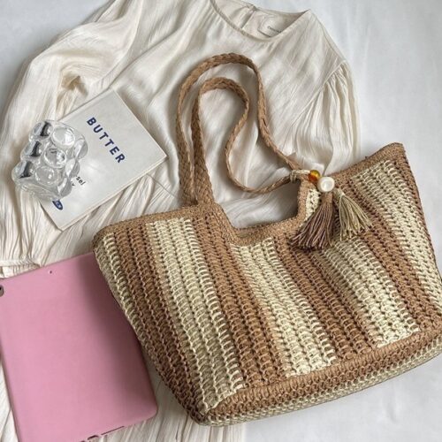 New Fashion Vertical Stripe One Shoulder Straw Bag Hand-Woven Bag Casual Women's Bag Beach Bag Women - Image 4