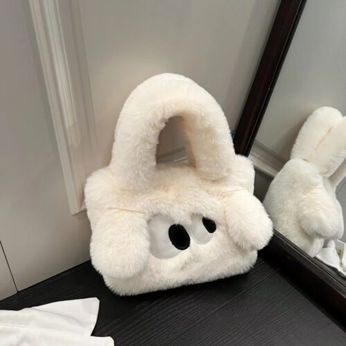 2024 hot women's hand-held one-shoulder tote small square bag big-eyed cartoon imitation rabbit plush fashion cute crossbody bag - Image 2