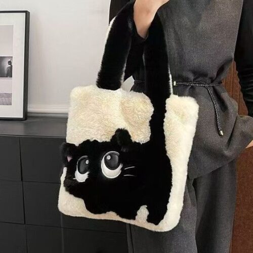 Autumn and winter casual furry women's bag creative cat cartoon embroidery tote bag handheld contrast stitching shoulder bag - Image 3