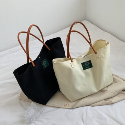 Simple street trend large capacity tote bag 2021 new solid color foreign canvas shoulder bag casual handbag - Image 4