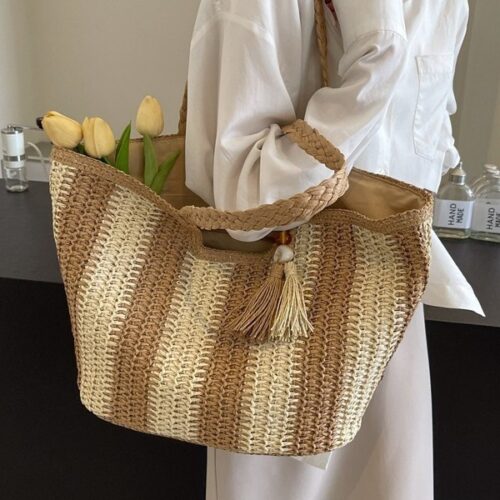 New Fashion Vertical Stripe One Shoulder Straw Bag Hand-Woven Bag Casual Women's Bag Beach Bag Women